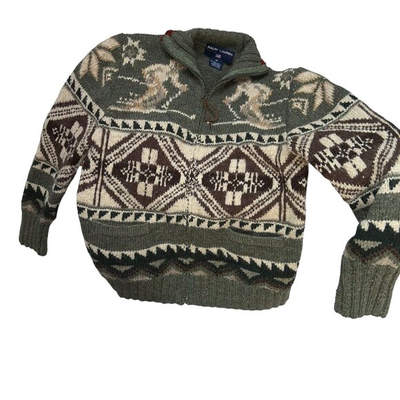 Polo Ralph Lauren green cream SKI intarsia knit zip up navajo sweater M - Picture 1 of 6